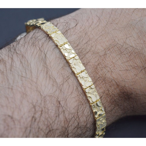 Real 10K Yellow Gold 5.5mm Nugget Textured Rectangle Edge 8.5" Link Bracelet - Picture 2 of 6